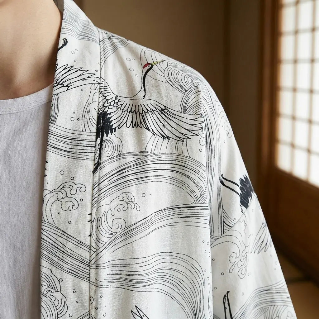 Close-up of the printed fabric and sleeve of a white haori