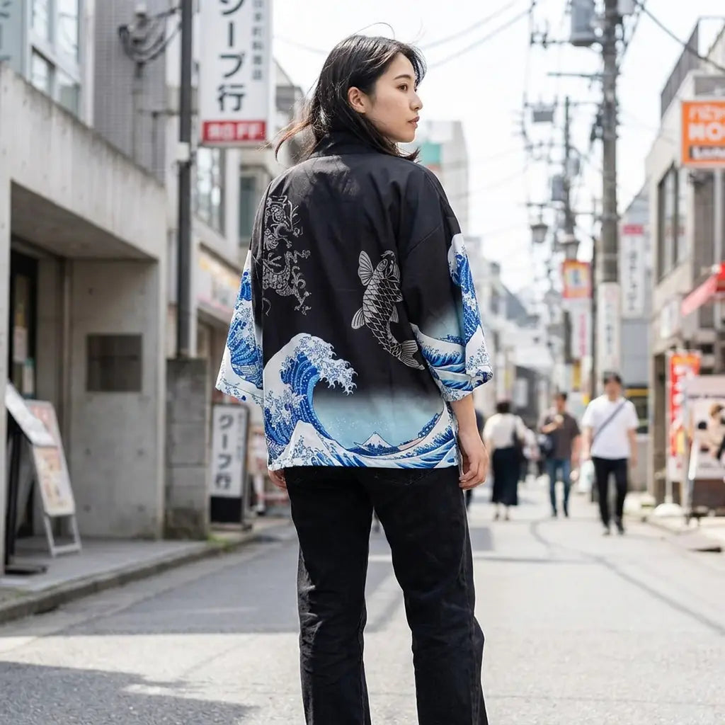 Woman seen from behind wearing a haori design in a Harajuku street