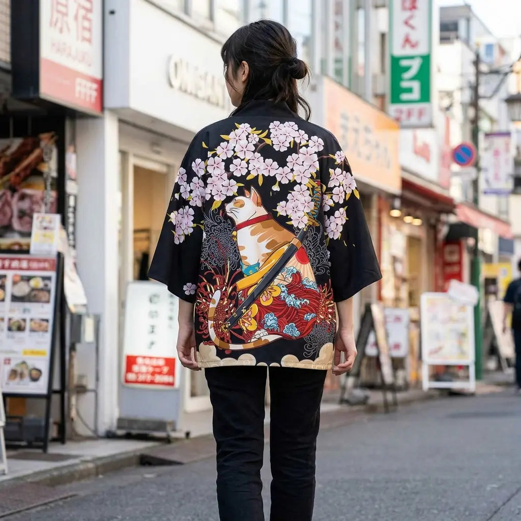 Woman seen from behind wearing a kimono jacket haori in a Harajuku street