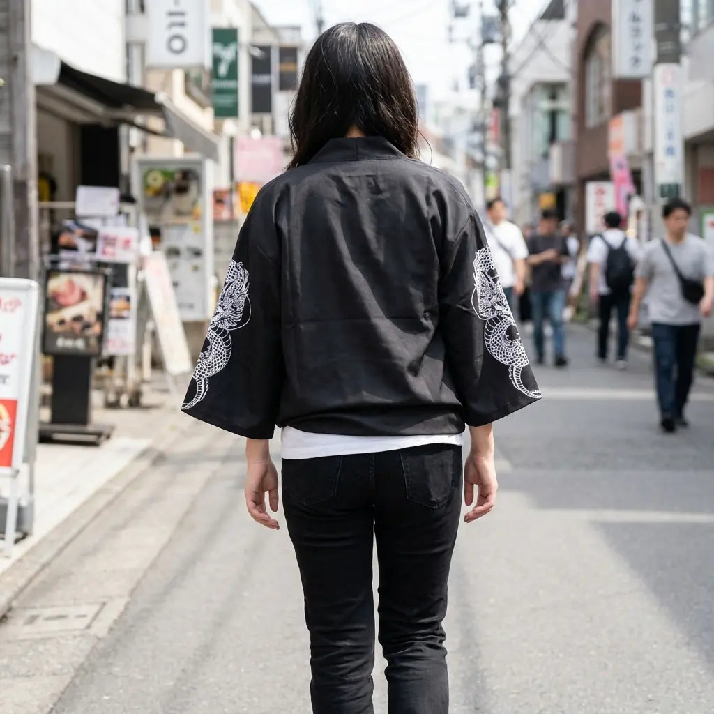 Woman seen from behind wearing a dragon haori in a Harajuku street