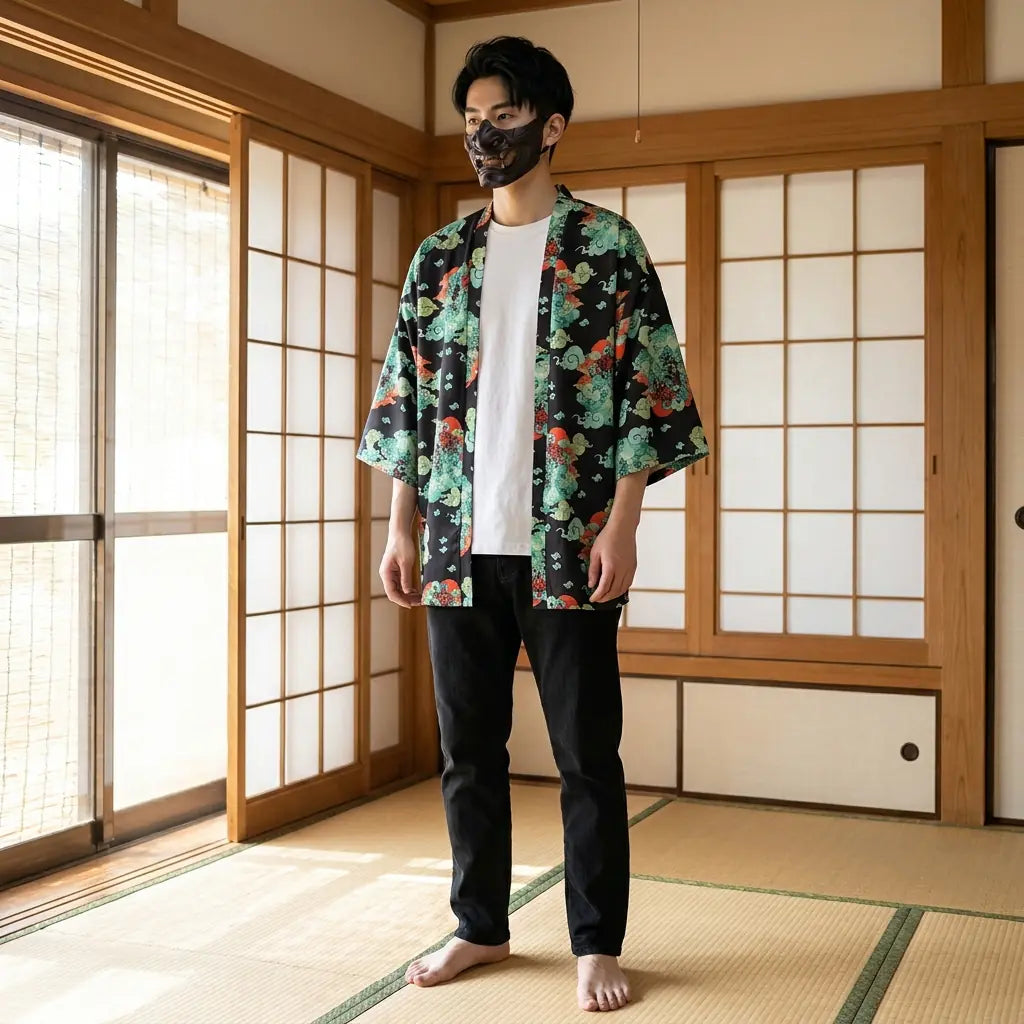 Man wearing a haori streetwear in a traditional Japanese washitsu room, front view