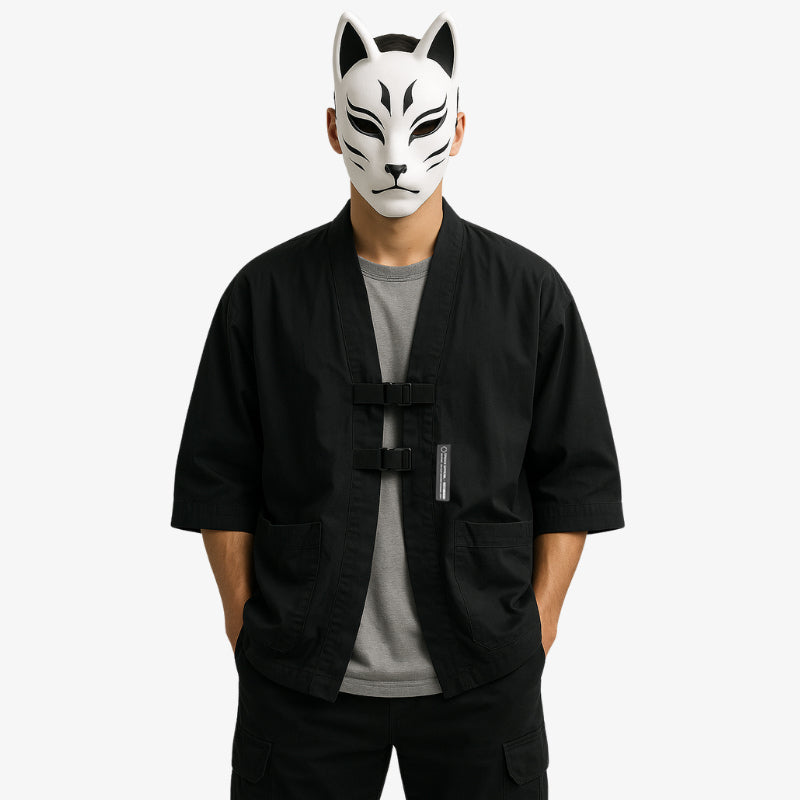 a black kimono jacket Haori techwear  blending traditional Japanese layering with modern utility design, perfect for a sleek streetwear look.