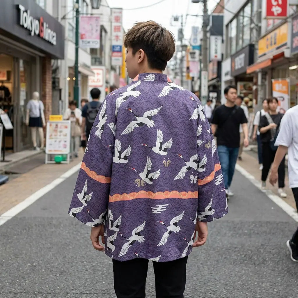 Back view of a haori tokyo worn in a Harajuku street, showing the full print