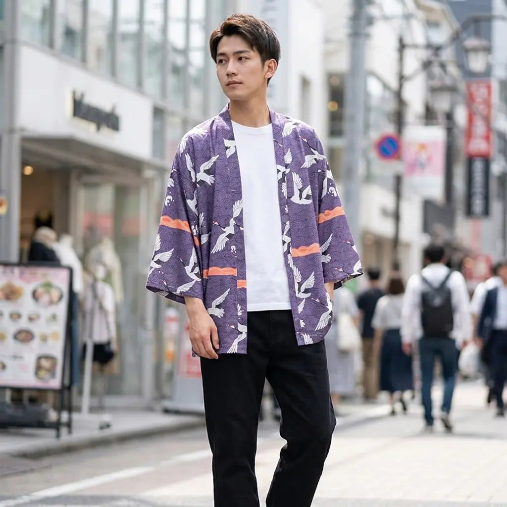 Man wearing a haori tokyo in a Harajuku street in Tokyo, front view
