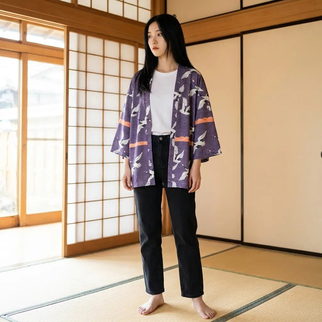 Woman wearing a haori tokyo in a washitsu room with tatami and shoji screens