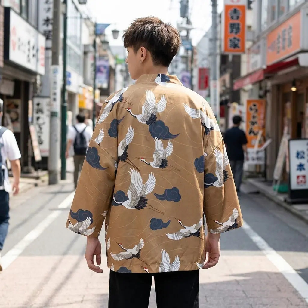 Back view of a haori yukata worn in a Harajuku street, showing the full print