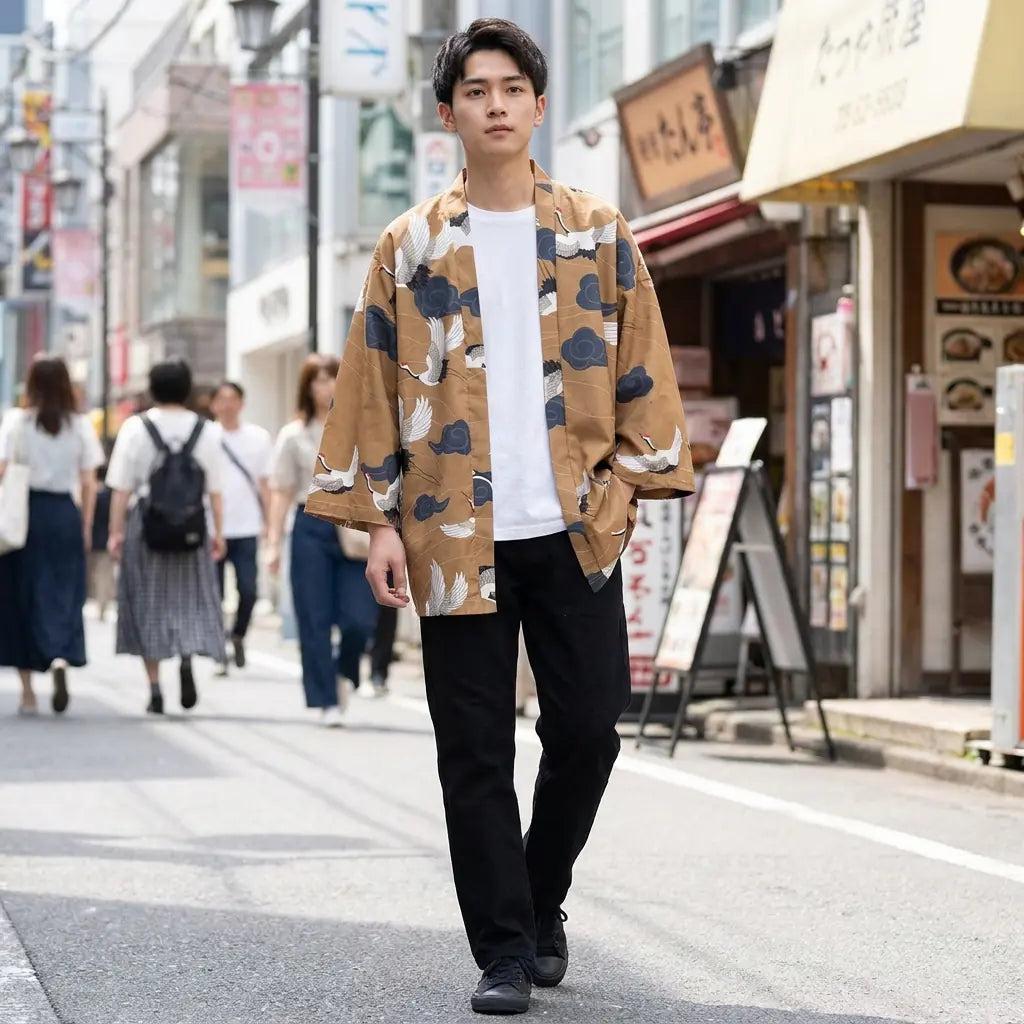 Man wearing a haori yukata in a Harajuku street in Tokyo, front view