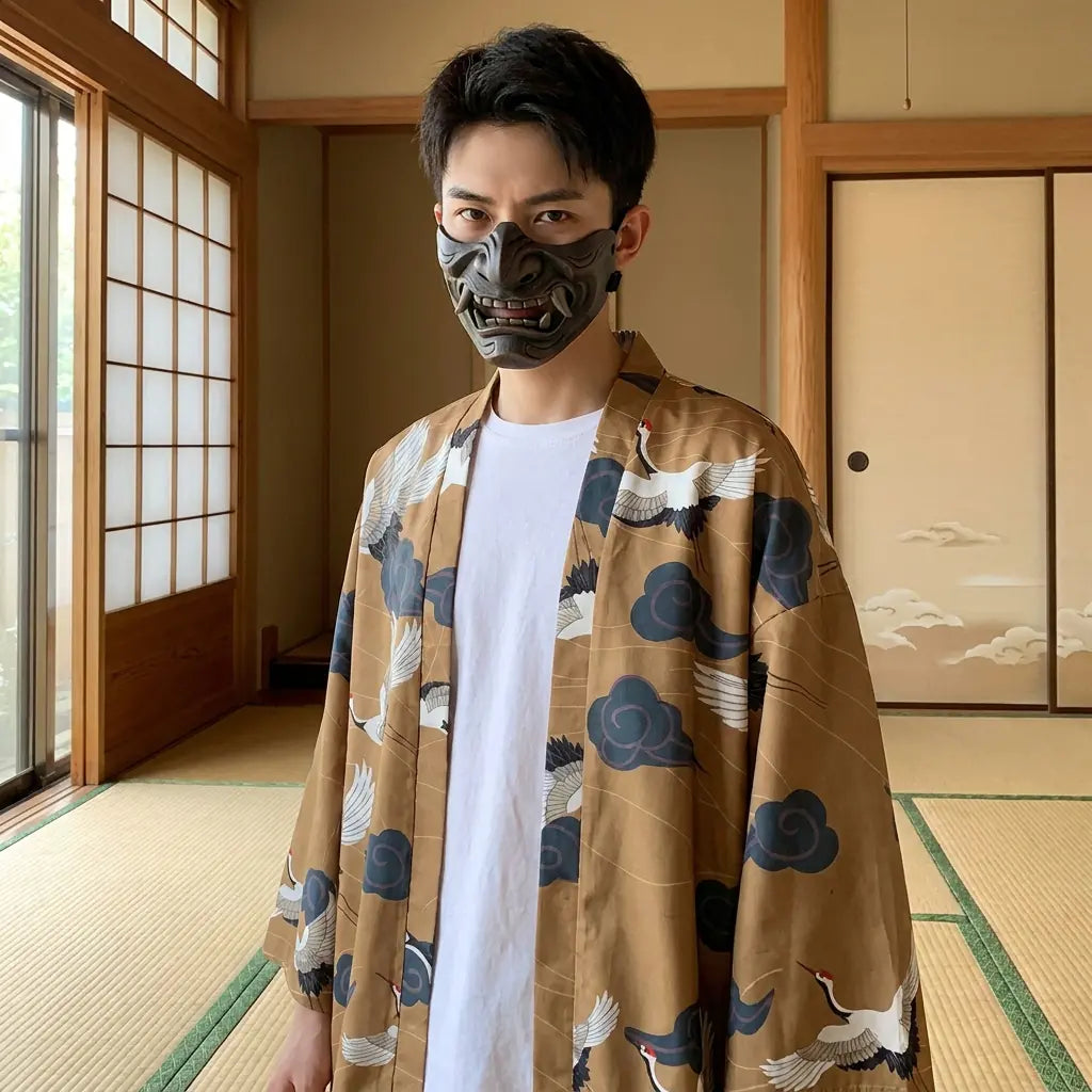 Man wearing a haori yukata in a Japanese washitsu room with shoji screens, waist-up front view