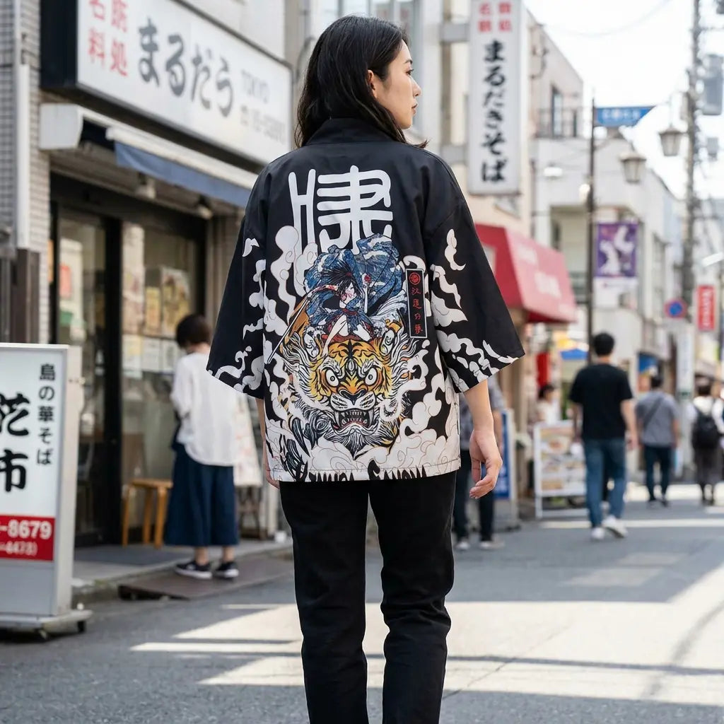 Woman seen from behind wearing a manga kimono in a Harajuku street