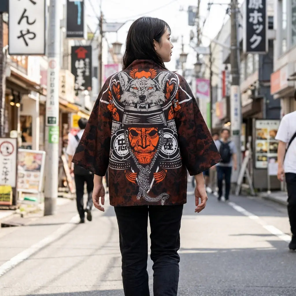 Woman seen from behind wearing a samurai jacket in a Harajuku street