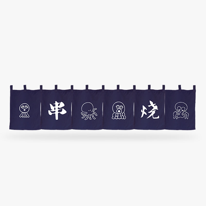 a Navy blue izakaya noren with white octopus illustrations and text on a light gray background