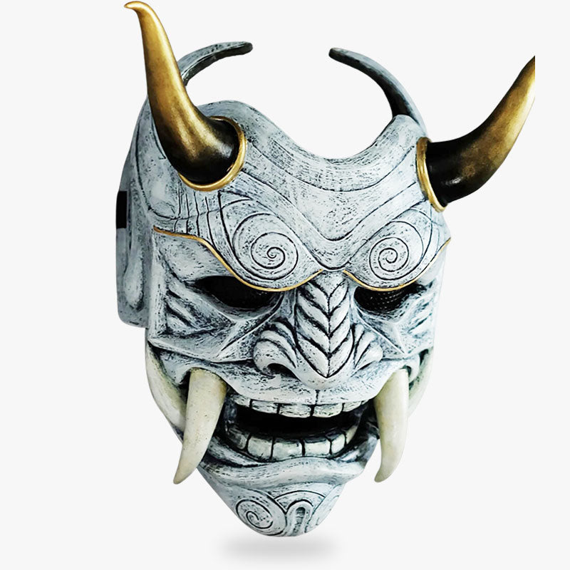 the white The Japan Oni mask is a unique handmade artifact, made from fiberglass and wood, hand-painted and sculpted with horns and sharp teeth to depict traditional Japanese demons