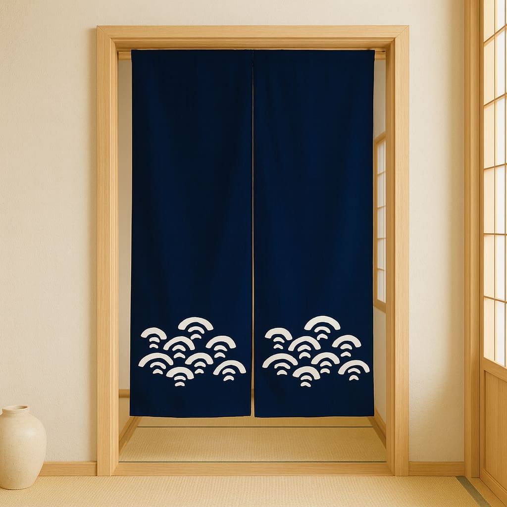 Japanese Blue Noren curtain with wave patterns in a room with wooden frame and tatami flooring