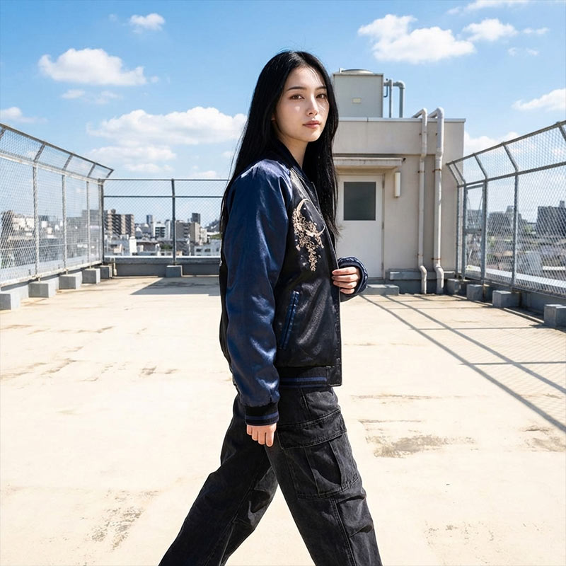 woman standing on a rooftop with a cityscape in the background with a traditional japanese bomber jacket