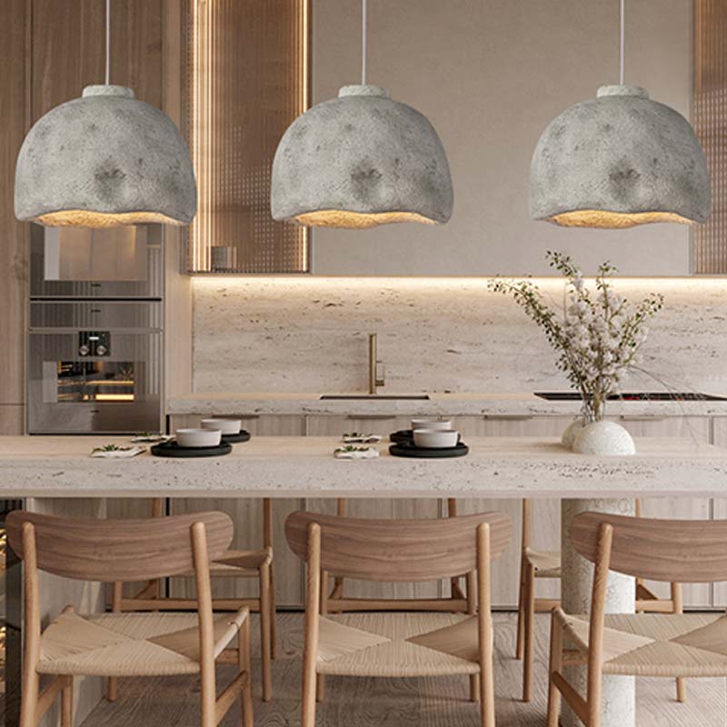 three Japanese chandelier wabi sabi in a dining room with chairs and table