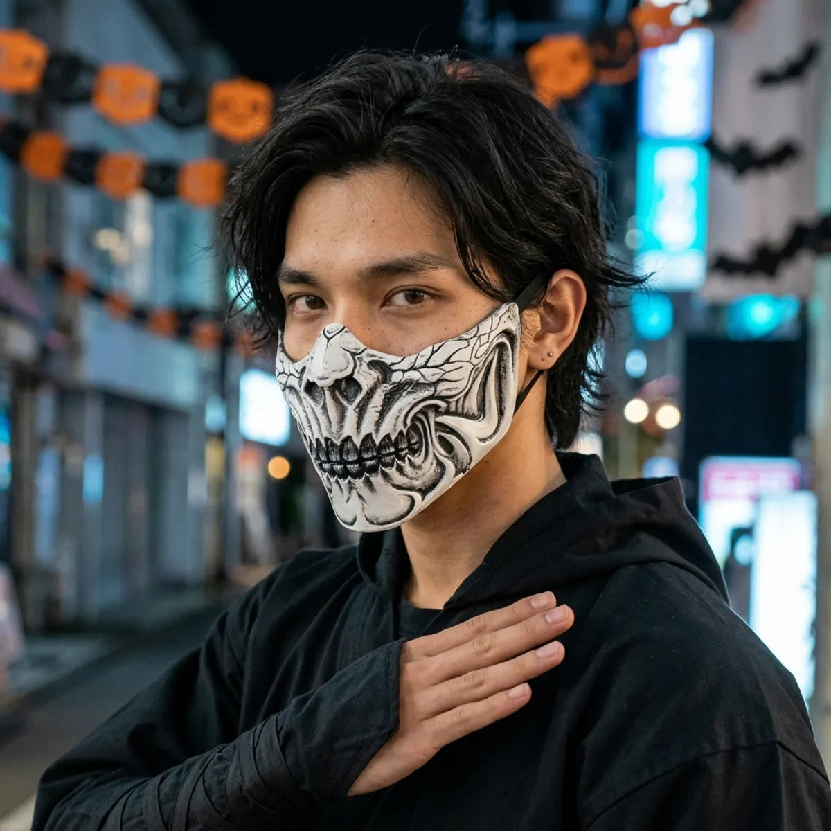 Bone white skull half mask worn at night for Halloween, blue Tokyo neon behind