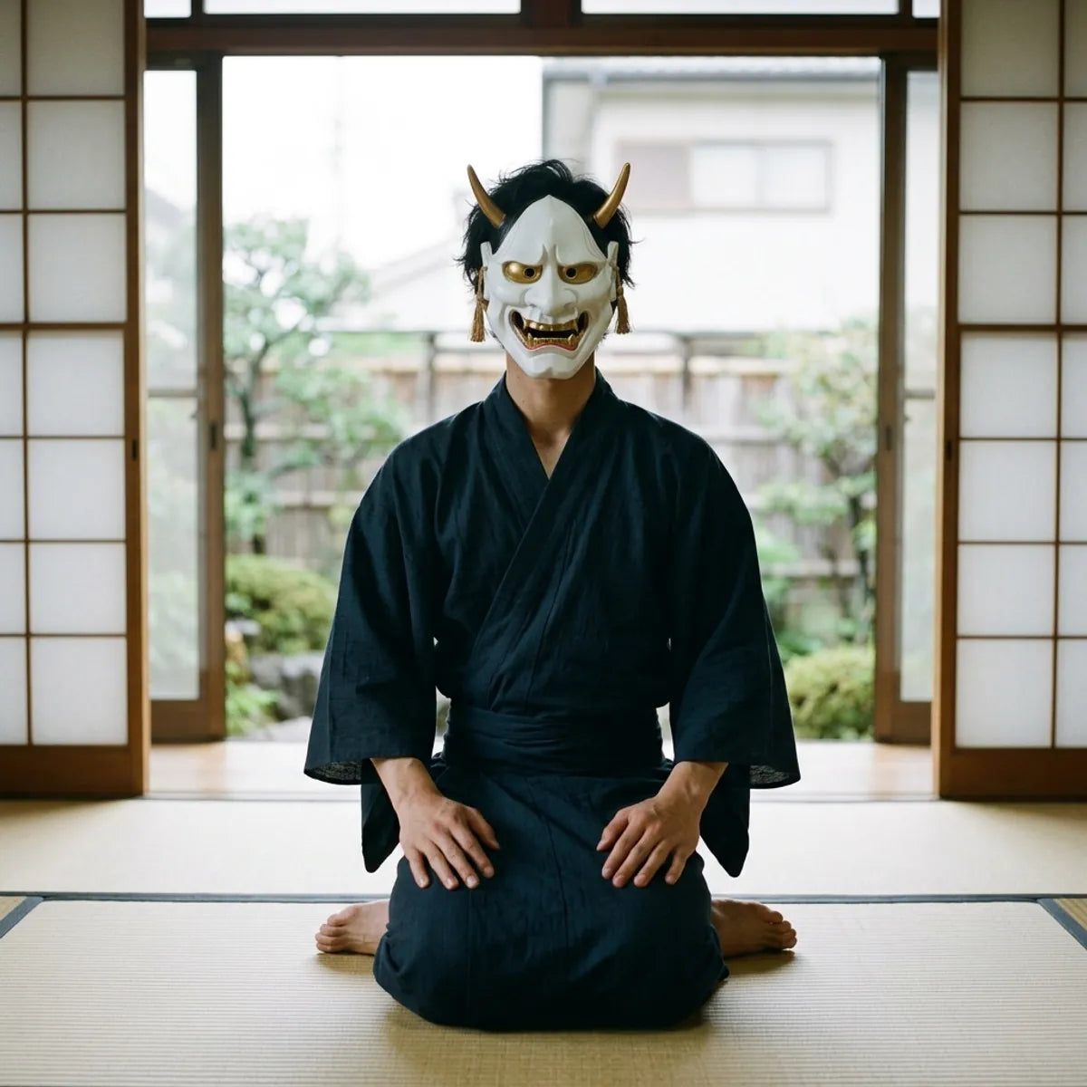 The Hannya oni mask resting at an angle, revealing the red-painted interior of its open mouth and the thread tassels at each temple.