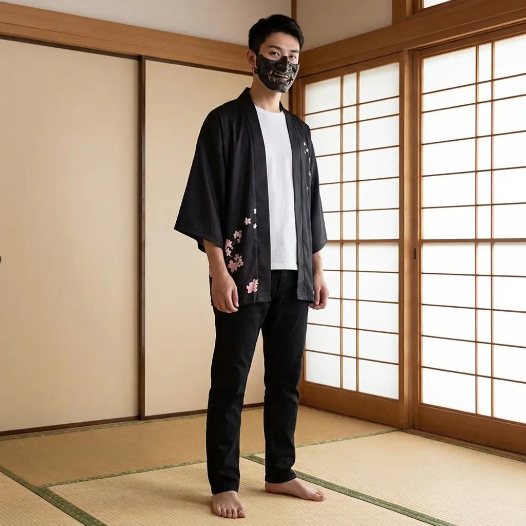 Man wearing a mens floral kimono in a traditional Japanese washitsu room, front view