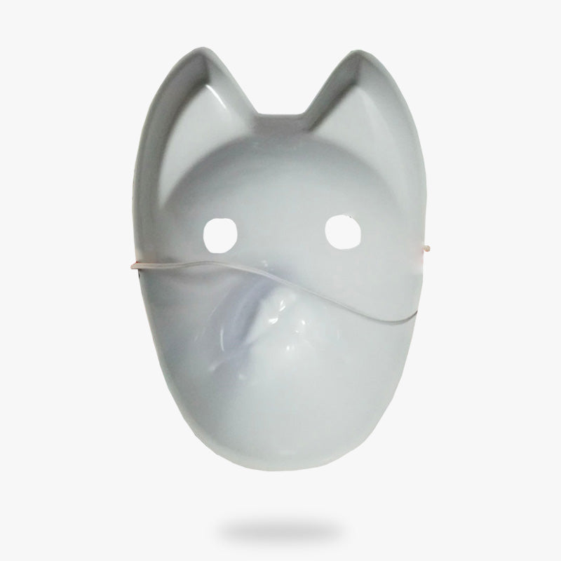 The Japanese fox kistune mask is white with two eye holes and an elastic band.