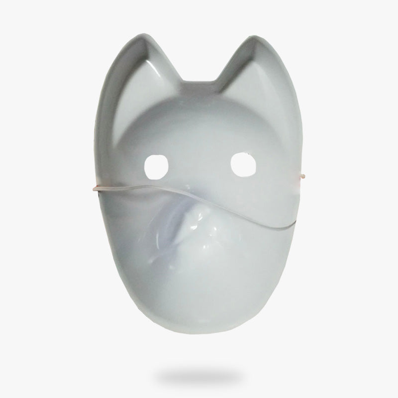 The  Japanese fox kistune mask is white with two eye holes and an elastic band.