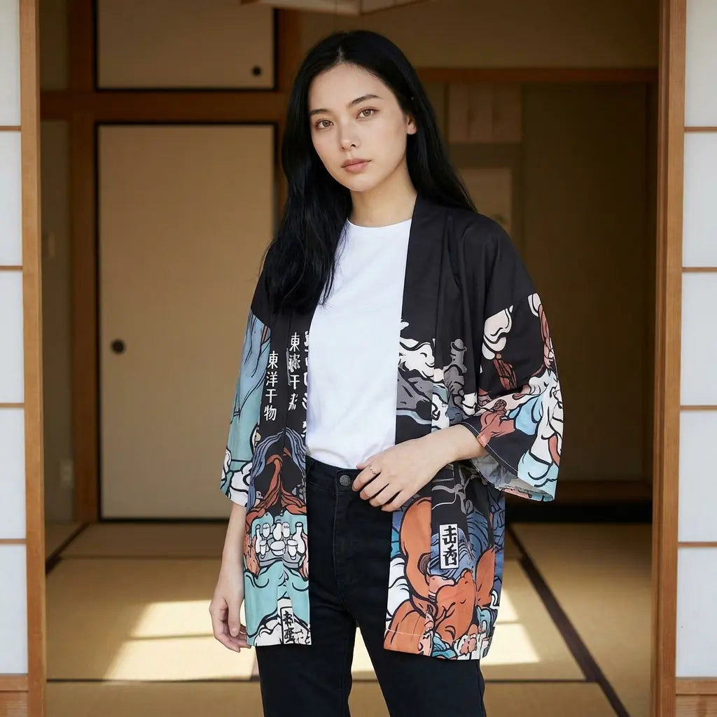 The japanese fox spirit cardigan seen closer, the fox mask visible on the sleeve.