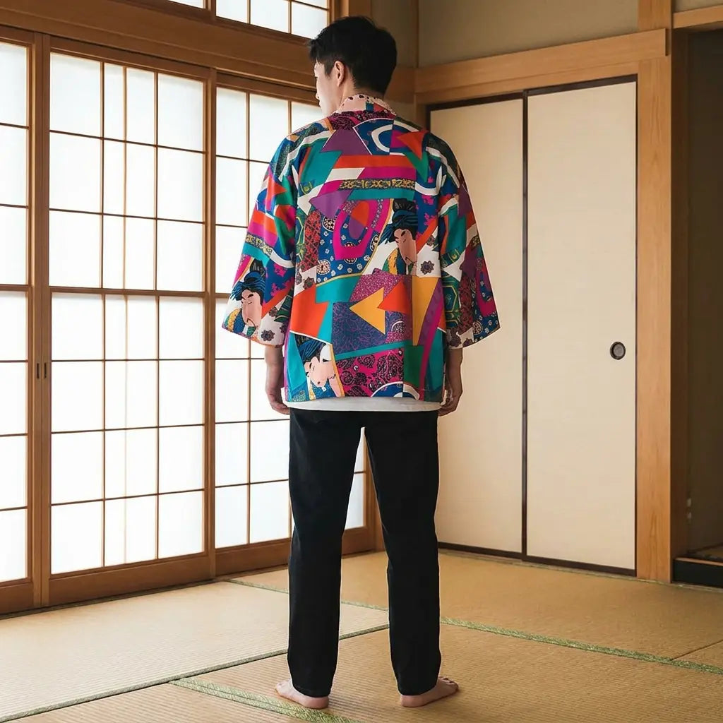 Back view of a ukiyo-e kimono in a washitsu room, showing the full back design