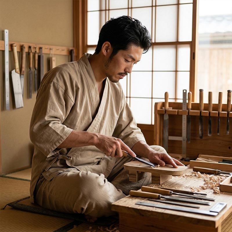 Man in traditional attire working with japanese geta sandals wood in a workshop from Kimurakami store