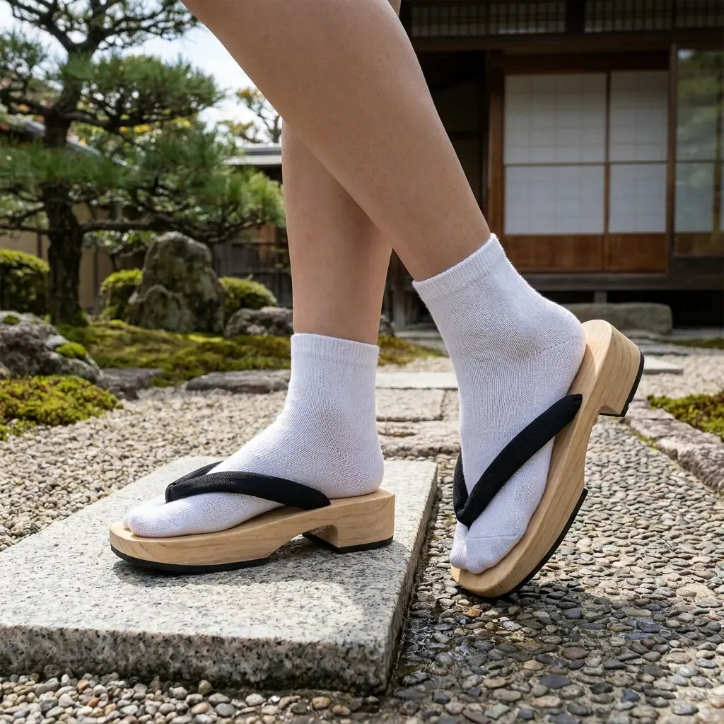 Woman wearing light wooden Japanese Geta Sandals with black hanao strap outdoors