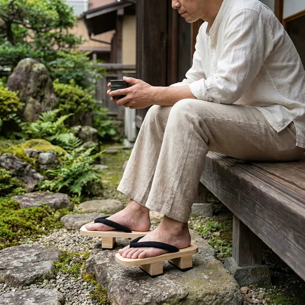 Japanese Geta Sandals worn with white tabi socks by a seated man in a Japanese garden