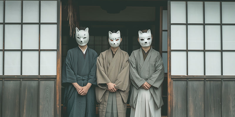 3 people wear kimono and white kitsune mask in front of a japanese gift shop with wood doors