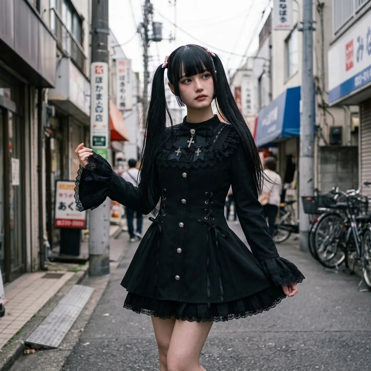 The dark lolita dress seen three quarters in Harajuku, the flared sleeve and the skirt ruffles visible
