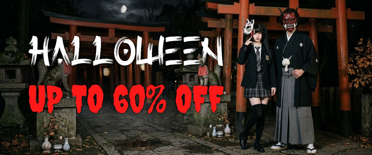 Japanese Halloween costume: a woman in a black Japanese school uniform with a cat mask and a man in a black kimono with a red oni mask at an Inari shrine at night