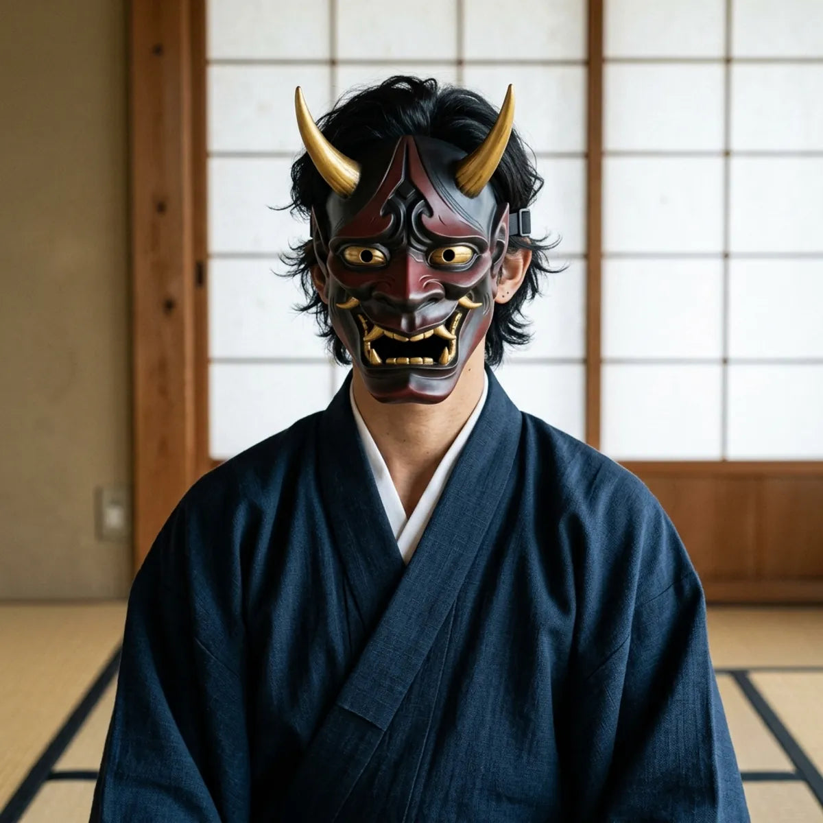 Front view of a Japanese Hannya demon mask in resin, featuring gold curved horns, a dark red and black face, and gold fangs inside an open black mouth.