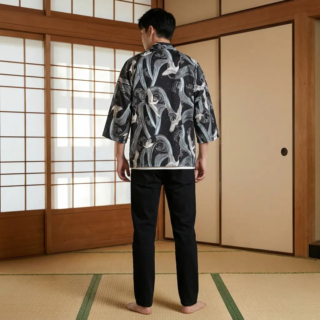 Back view of a kimono style mens jacket in a washitsu room, showing the full back design