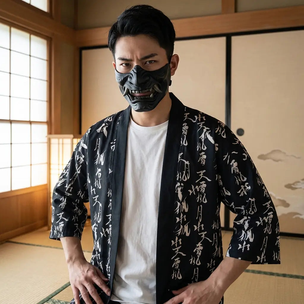 Man wearing a japanese haori jacket in a Japanese washitsu room with shoji screens, waist-up front view