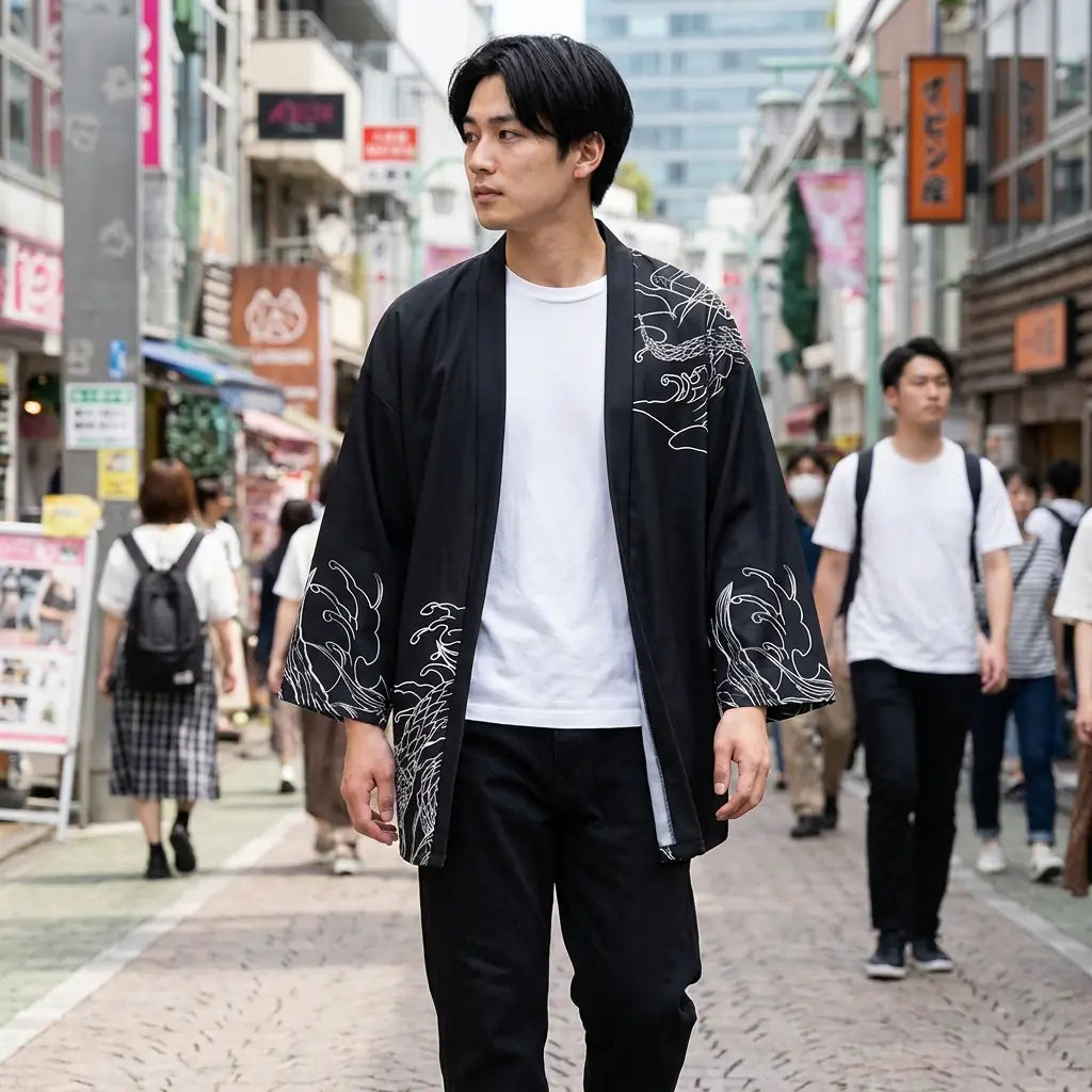 Man wearing a japanese haori kimono in a Harajuku street in Tokyo, front view
