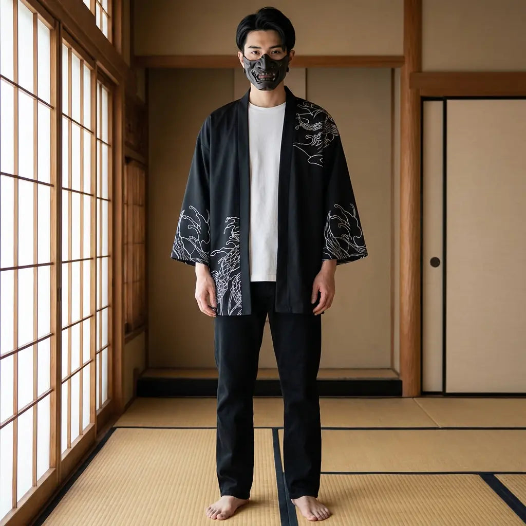 Man wearing a japanese haori kimono in a traditional Japanese washitsu room, front view