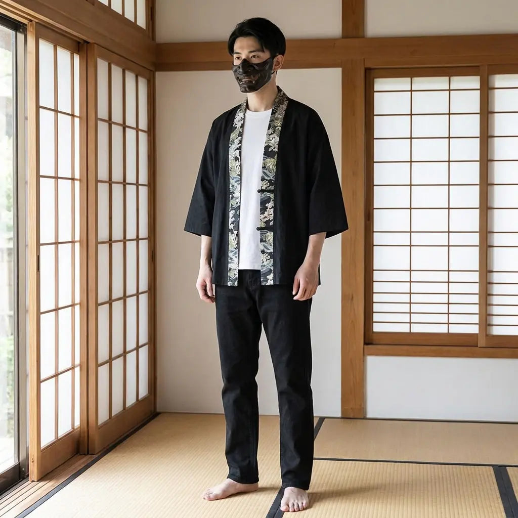 Man wearing a japanese kimono haori in a traditional Japanese washitsu room, front view