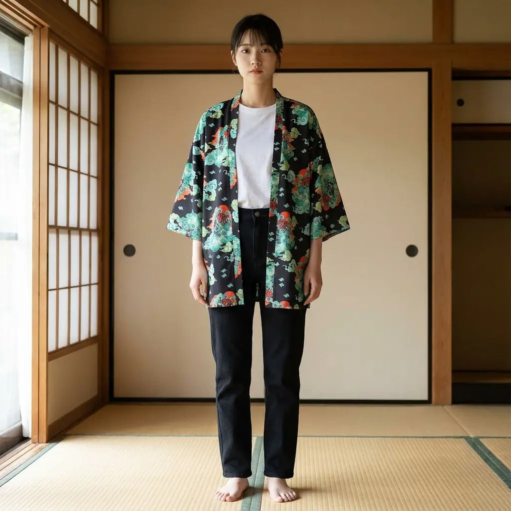 Woman wearing a haori streetwear in a washitsu room with tatami and shoji screens