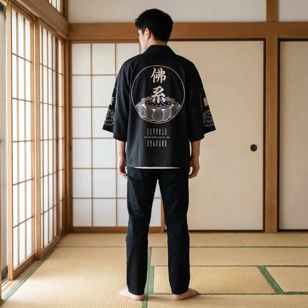 Back view of a haori style jacket in a washitsu room, showing the full back design