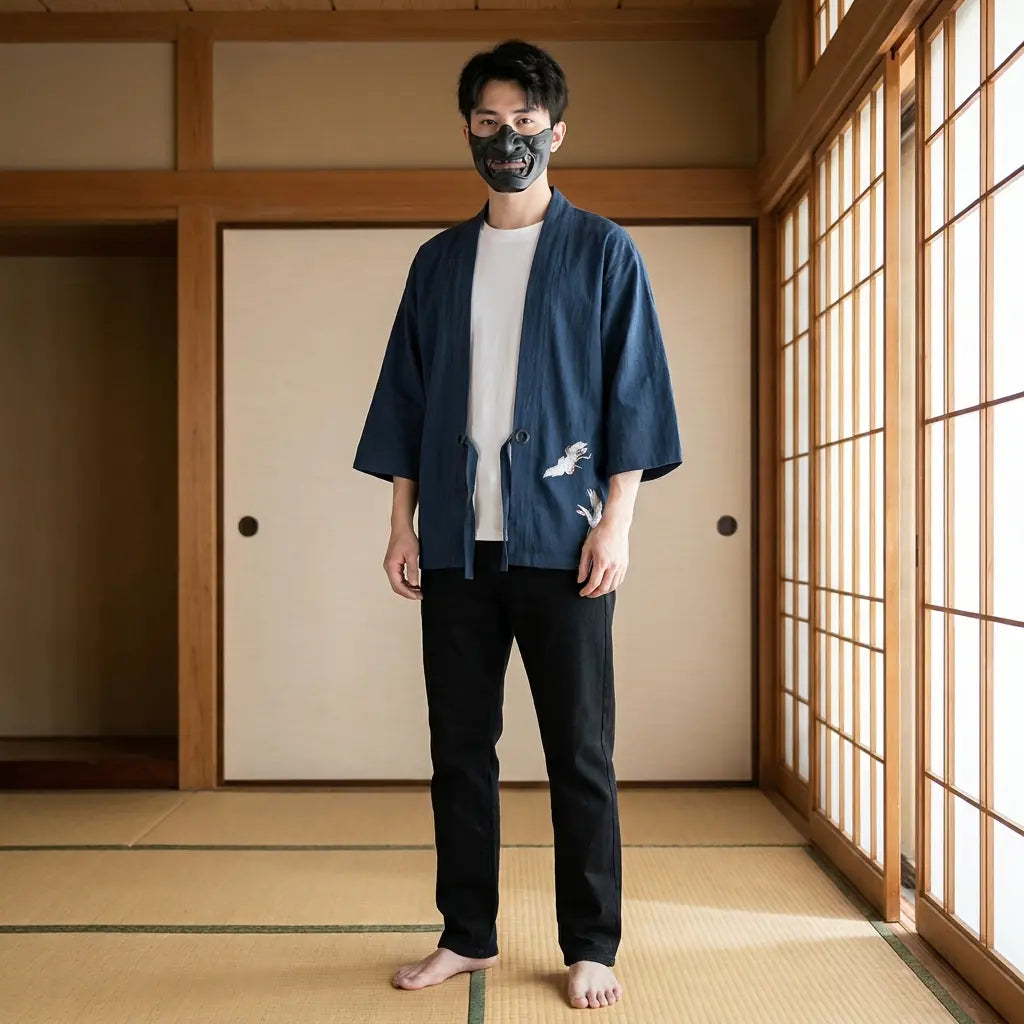 Man wearing a mens haori in a traditional Japanese washitsu room, front view