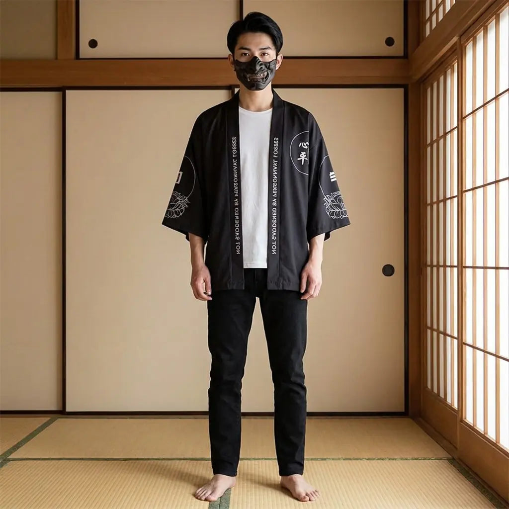 Man wearing a haori style jacket in a traditional Japanese washitsu room, front view