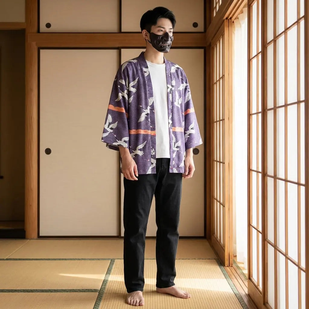 Man wearing a haori tokyo in a traditional Japanese washitsu room, front view