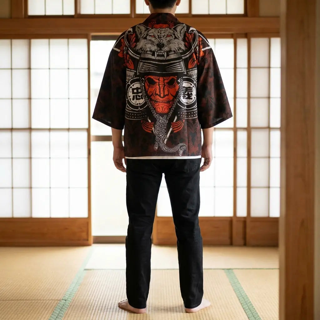 Back view of a samurai jacket in a washitsu room, showing the full back design