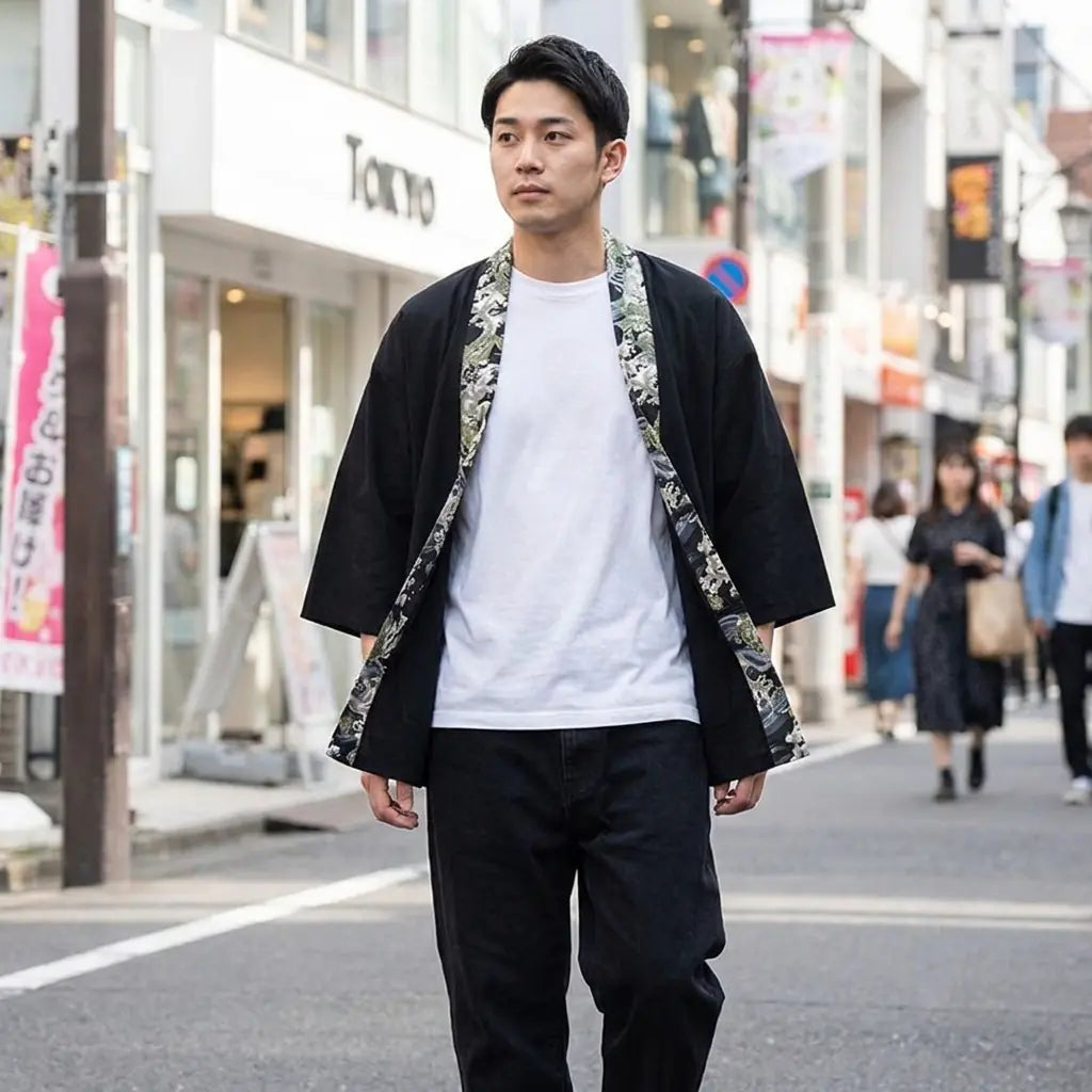 Man wearing a japanese kimono haori in a Harajuku street in Tokyo, front view