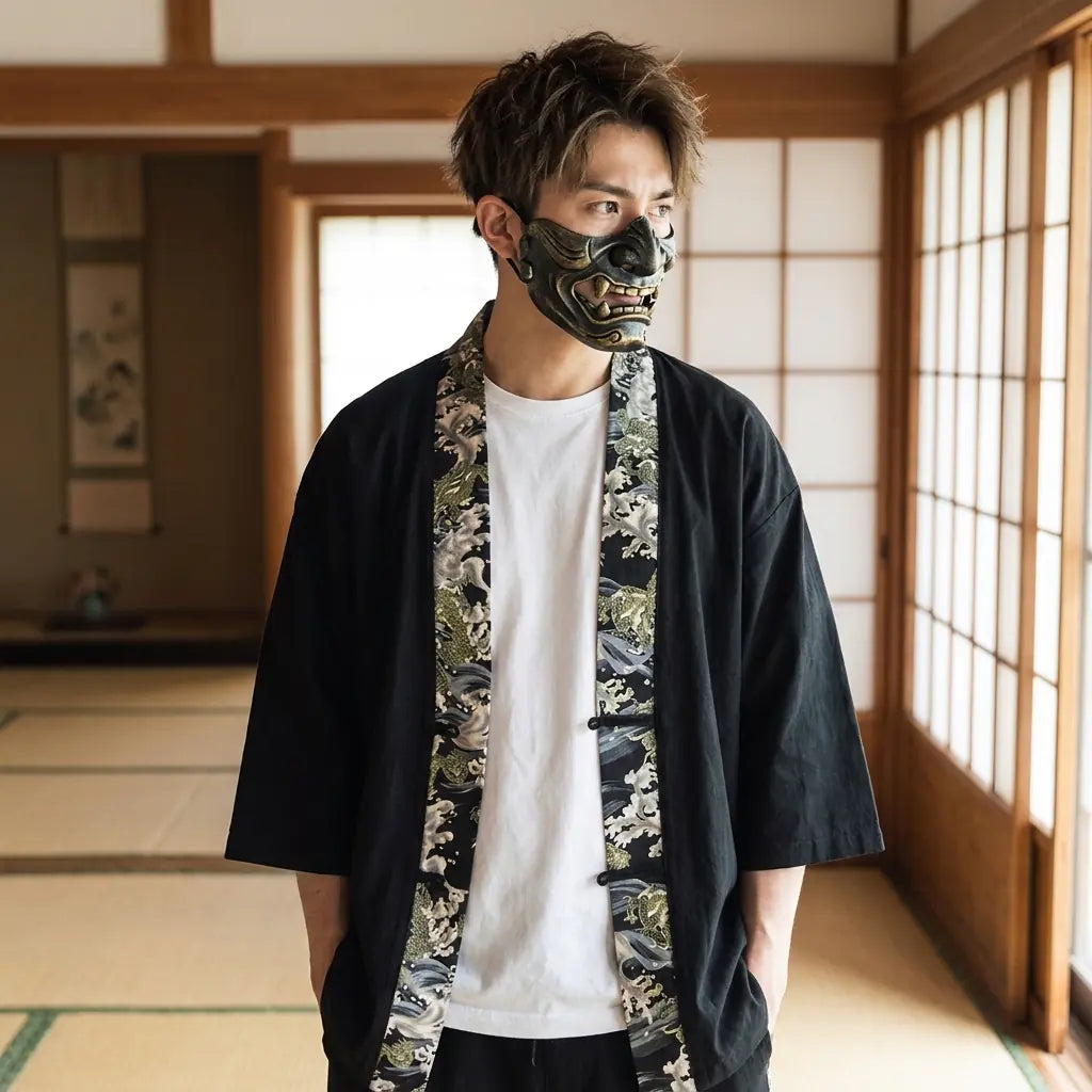 Man wearing a japanese kimono haori in a Japanese washitsu room with shoji screens, waist-up front view
