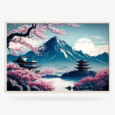 This large Japanese landscape painting canvas depicts Mount Fuji and Japanese temples. A Japanese cherry tree is also drawn on the canvas.