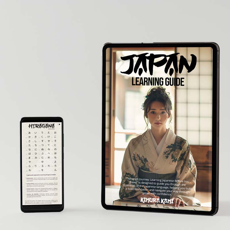 Japanese learning books with a female learner in kimono on the cover. Learning guide on mobile and tablet
