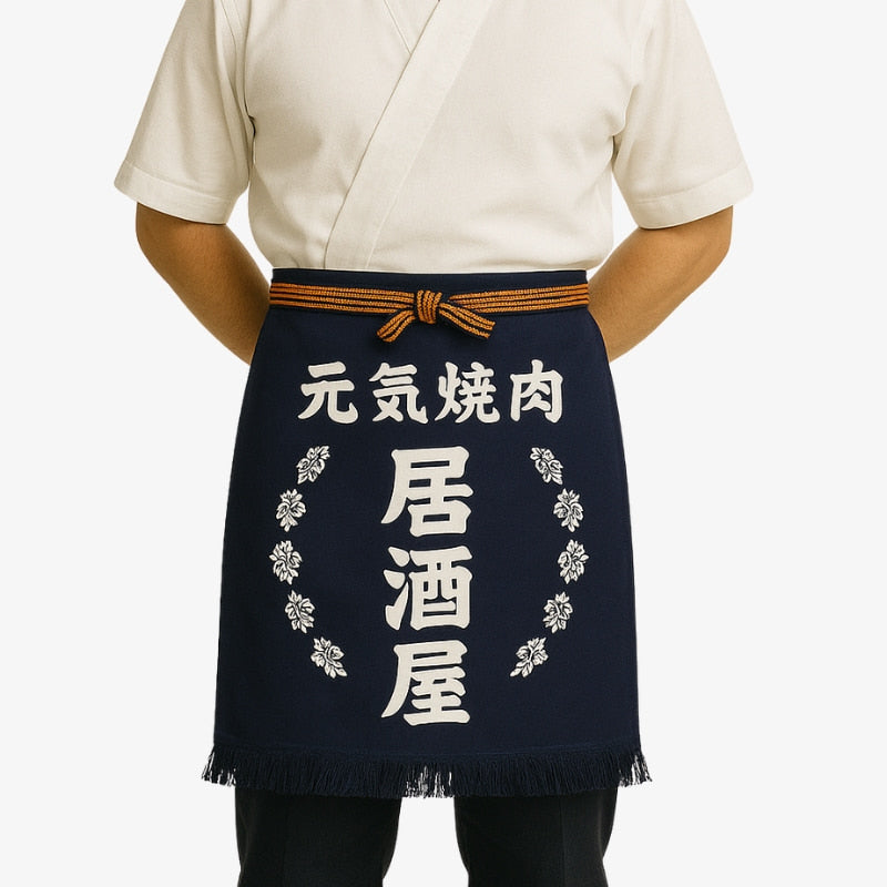 Japanese Maekake traditional apron made of durable navy cotton, highlighted by white kanji, perfect for cultural and culinary use.