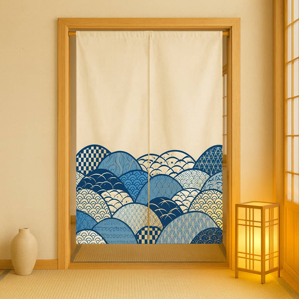 Decorative japanese noren curtain door with blue wave pattern in a room with a japandi floor lamp and wabi sabi vase.